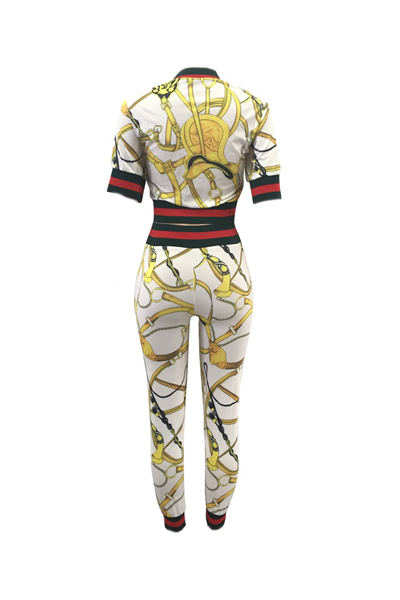 Fashion Round Neck Printed Patchwork White Cotton Two-piece Pants Set