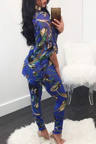 Fashion V Neck Long Sleeves Printed See-Through Blue Chiffon Two-piece Pants Set