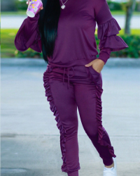 Fashionable Round Neck Ruched Purple Blending Two-piece Pants Set