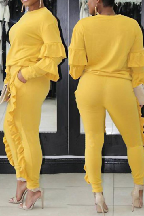 Fashionable Round Neck Ruched Yellow Blending Two-piece Pants Set