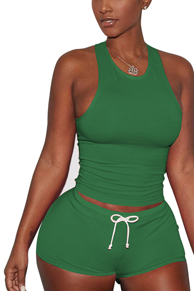 Green Cotton Blend Shorts Solid U Neck Sleeveless Casual Two Pieces