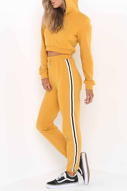 Leisure Hoode Collar Patchwork  Yellow Cotton Two-piece Pants Set