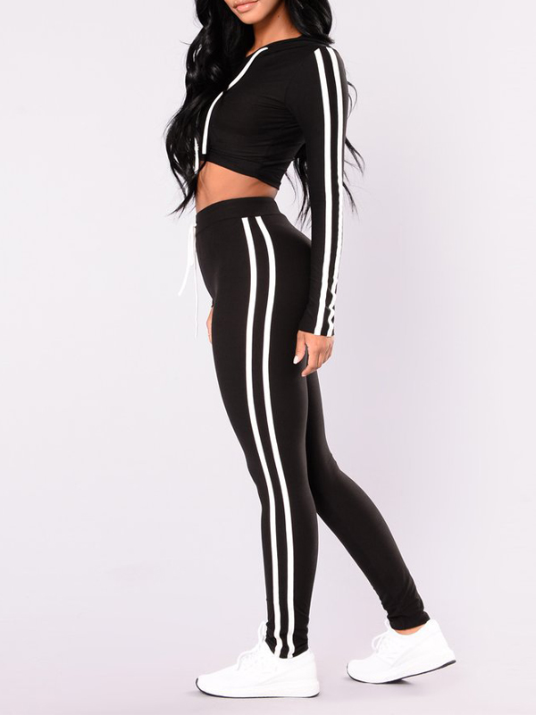 Leisure Long Sleeves Patchwork Black Polyester Two-piece Pants Set