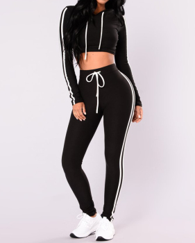 Leisure Long Sleeves Patchwork Black Polyester Two-piece Pants Set