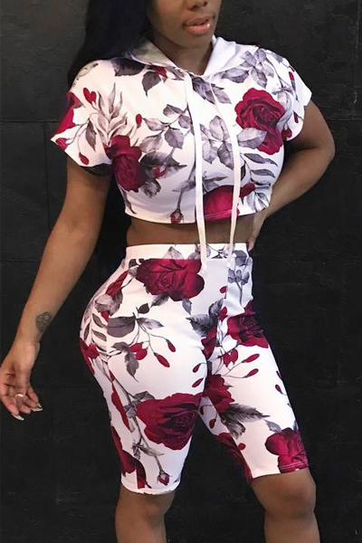 Leisure Rose Printed Red Cotton Two-piece Shorts Set