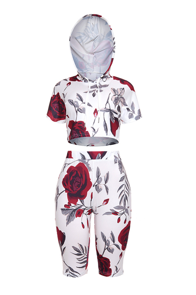 Leisure Rose Printed Red Cotton Two-piece Shorts Set