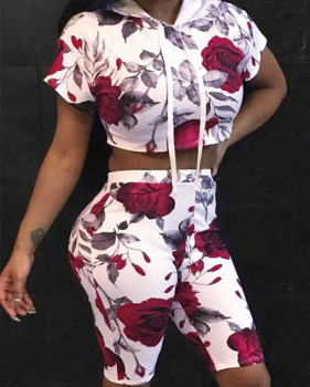 Leisure Rose Printed Red Cotton Two-piece Shorts Set