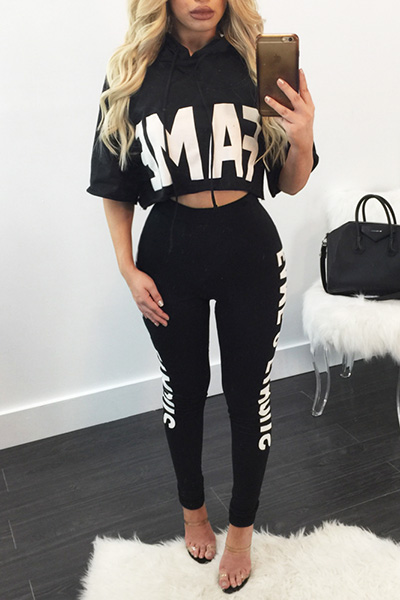 Leisure Round Neck Half Sleeves Letters Printed Black Milk Silk Two-piece Pants Set