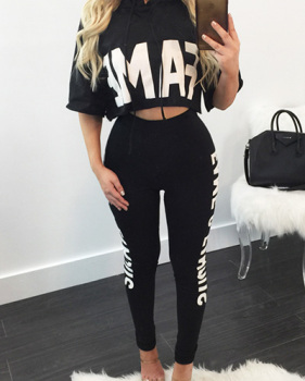 Leisure Round Neck Half Sleeves Letters Printed Black Milk Silk Two-piece Pants Set