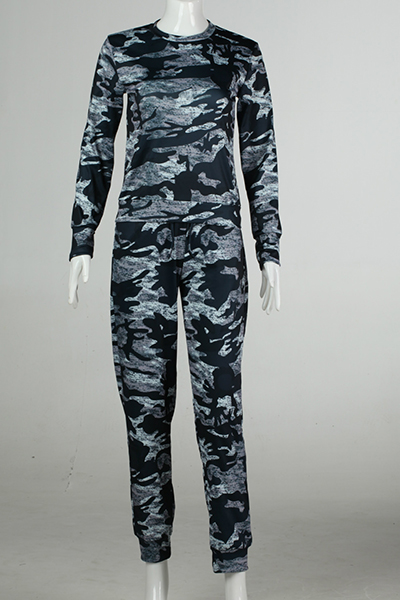 Leisure Round Neck Long Sleeves Camouflage Printed Cotton Two-Piece Pants Set