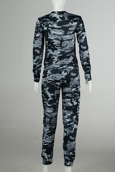 Leisure Round Neck Long Sleeves Camouflage Printed Cotton Two-Piece Pants Set