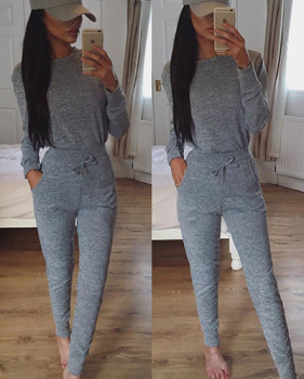 Leisure Round Neck Long Sleeves Drawstring Design Grey Knitting Two-piece Pants Set