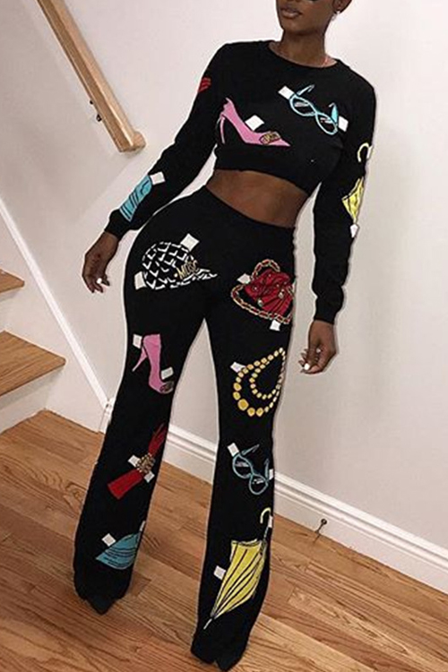 Leisure Round Neck Printed Black Polyester Two-piece Pants Set