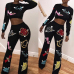 Leisure Round Neck Printed Black Polyester Two-piece Pants Set