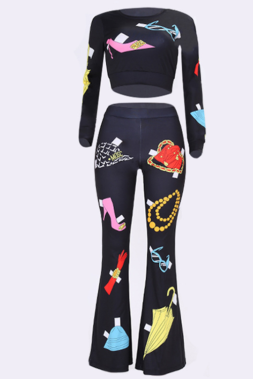 Leisure Round Neck Printed Black Polyester Two-piece Pants Set