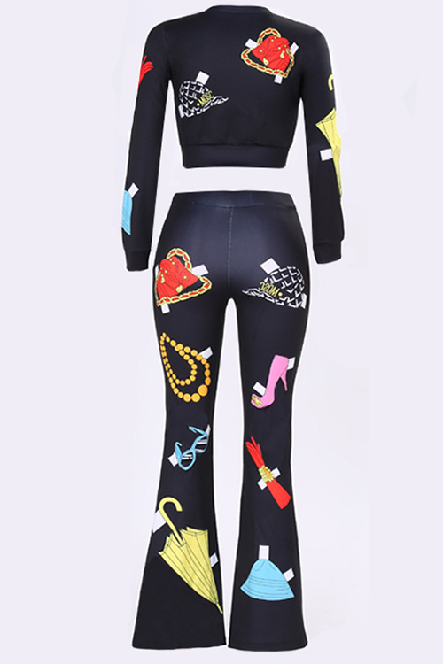 Leisure Round Neck Printed Black Polyester Two-piece Pants Set