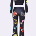 Leisure Round Neck Printed Black Polyester Two-piece Pants Set