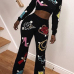 Leisure Round Neck Printed Black Polyester Two-piece Pants Set