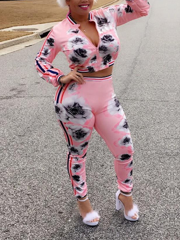 Leisure Round Neck Printed Pink Polyester Two-piece Pants Set