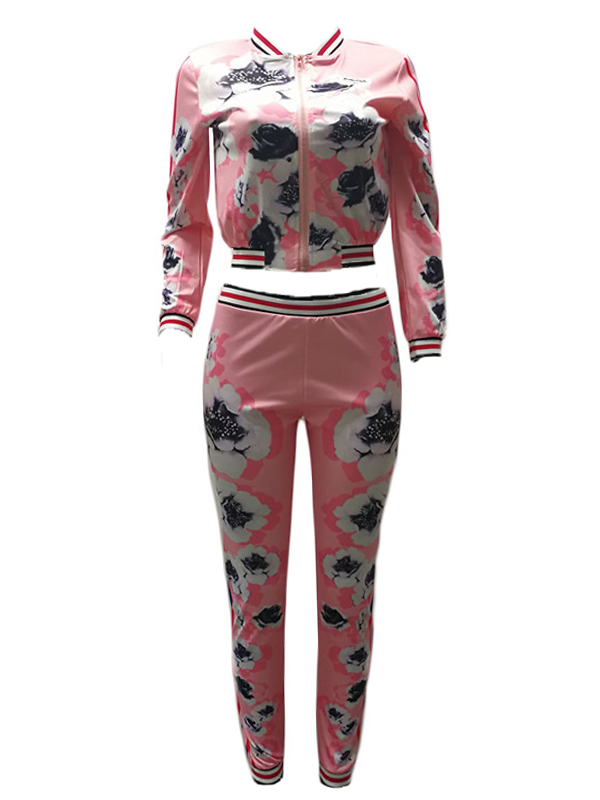 Leisure Round Neck Printed Pink Polyester Two-piece Pants Set