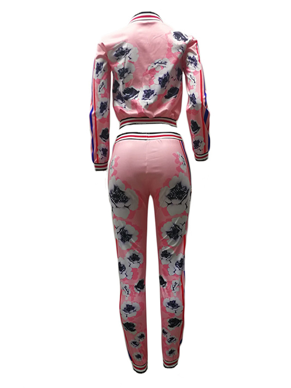 Leisure Round Neck Printed Pink Polyester Two-piece Pants Set