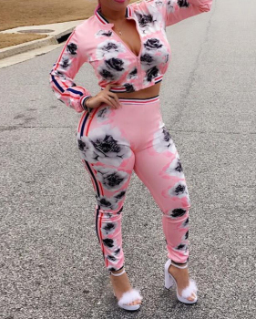 Leisure Round Neck Printed Pink Polyester Two-piece Pants Set