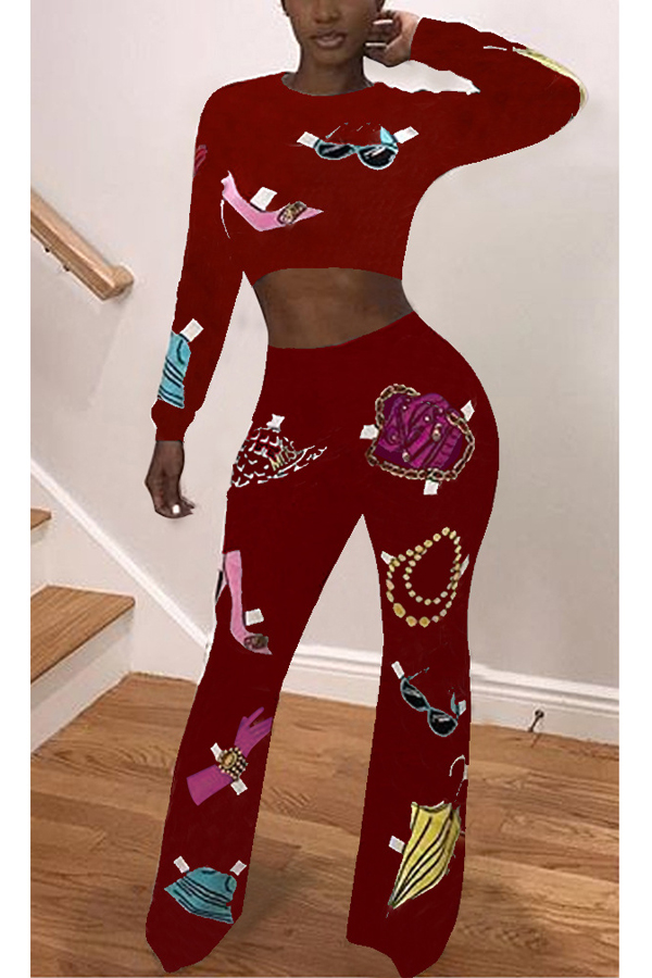 Leisure Round Neck Printed Wine Red Polyester Two-piece Pants Set