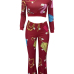 Leisure Round Neck Printed Wine Red Polyester Two-piece Pants Set