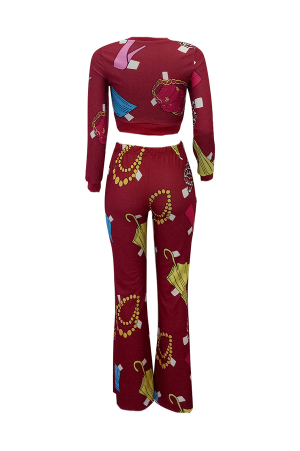 Leisure Round Neck Printed Wine Red Polyester Two-piece Pants Set