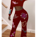 Leisure Round Neck Printed Wine Red Polyester Two-piece Pants Set