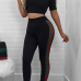 Leisure Round Neck Short Sleeves Patchwork Black Venetian Two-piece Pants Set