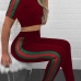 Leisure Round Neck Short Sleeves Patchwork Wine Red Venetian Two-piece Pants Set