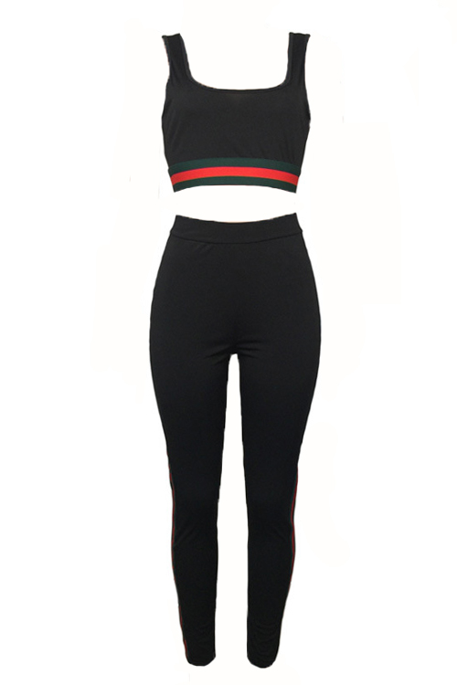 Leisure U-shaped Neck Patchwork Black Polyester Two-piece Pants Set