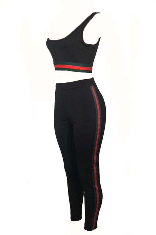 Leisure U-shaped Neck Patchwork Black Polyester Two-piece Pants Set