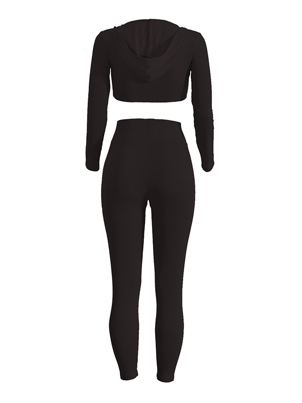 Leisure V Neck Long Sleeves Black Cotton Two-piece Pants Set