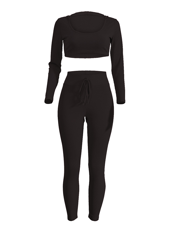 Leisure V Neck Long Sleeves Black Cotton Two-piece Pants Set