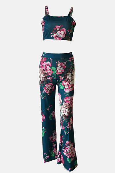 Multi Polyester Pants Print Square Sleeveless Sexy Two Pieces