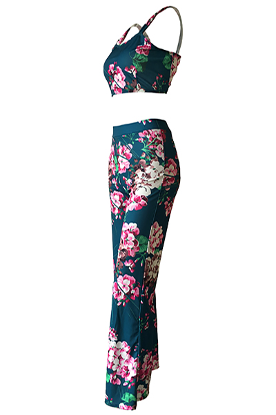 Multi Polyester Pants Print Square Sleeveless Sexy Two Pieces