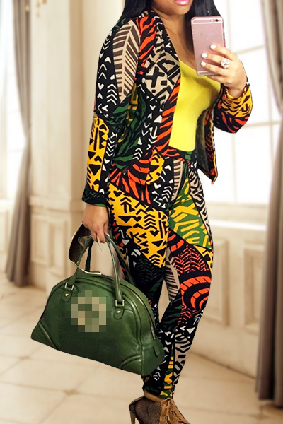 Multi Venetian Pants Print Turndown Collar Long Sleeve Casual Two Pieces