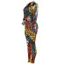 Multi Venetian Pants Print Turndown Collar Long Sleeve Casual Two Pieces