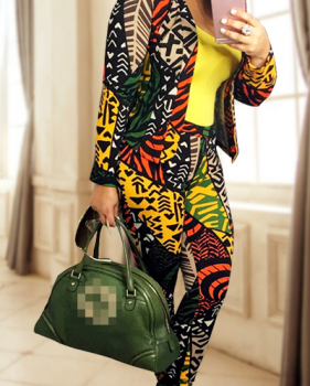 Multi Venetian Pants Print Turndown Collar Long Sleeve Casual Two Pieces