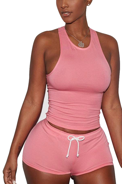 Pink Cotton Blend Shorts Solid U Neck Sleeveless Casual Two Pieces