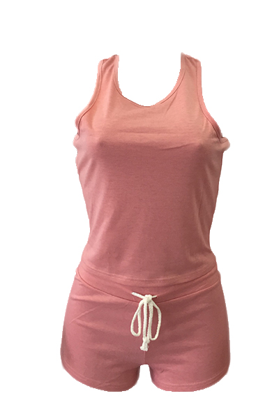 Pink Cotton Blend Shorts Solid U Neck Sleeveless Casual Two Pieces