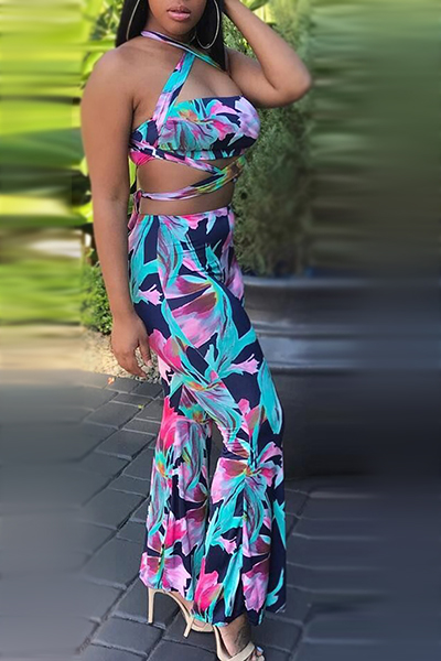 Sexy Bandage Printed Backless Qmilch Two-piece Pants Set