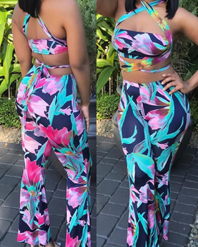 Sexy Bandage Printed Backless Qmilch Two-piece Pants Set