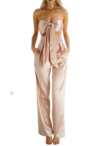 Sexy Bateau Neck Sleeveless Knot Design Champagne Satin Two-piece Pants Set