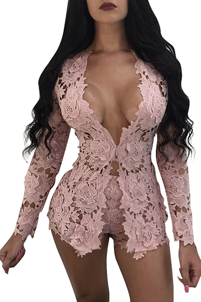 Sexy Deep V Neck Hollow-out Pink Lace Two-piece Shorts Set