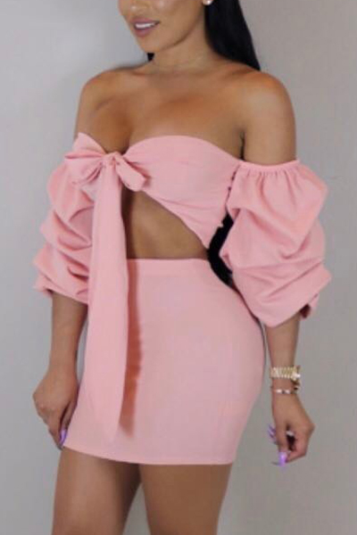 Sexy Dew Shoulder Pink Polyester Two-piece Skirt Set