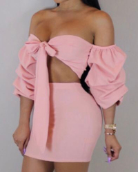 Sexy Dew Shoulder Pink Polyester Two-piece Skirt Set