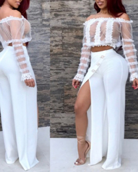 Sexy Dew Shoulder See-Through White Cotton Two-piece Pants Set